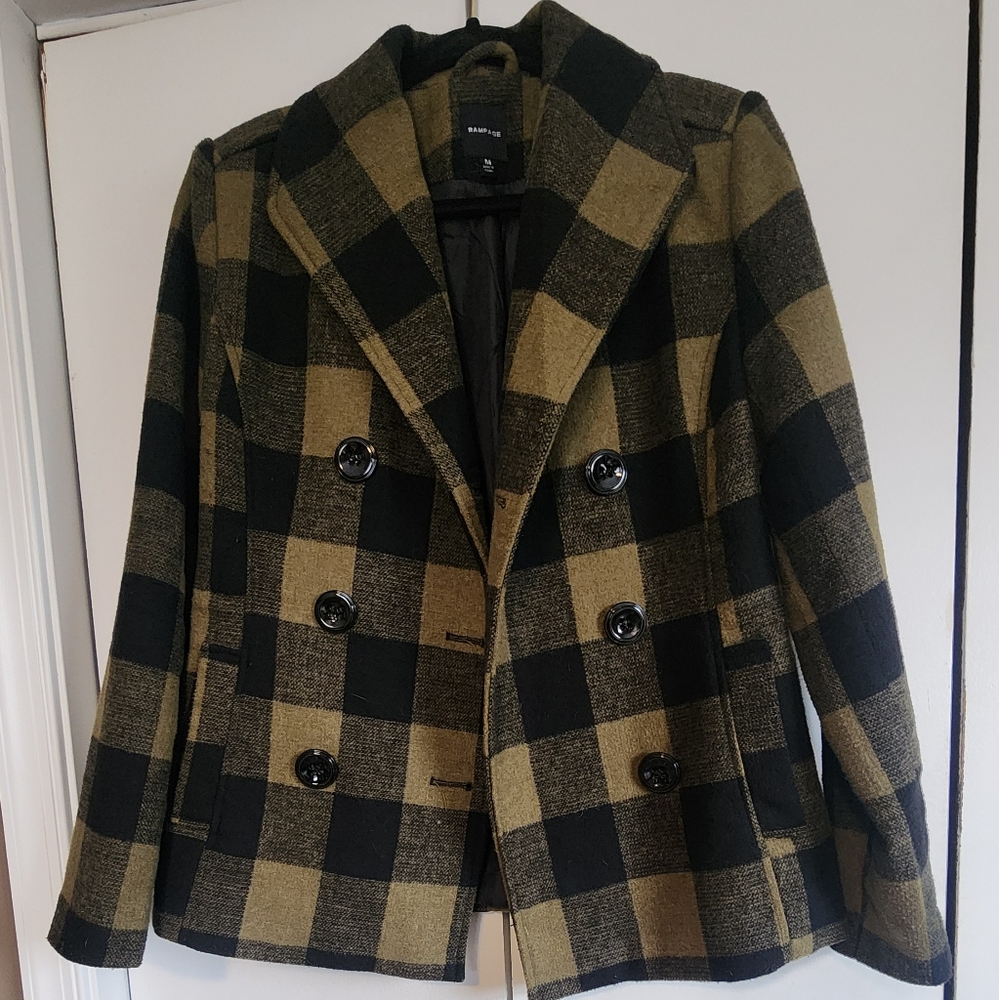 Plaid Double-Breasted Blazer/Coat Military Olive Juniors Size Medium